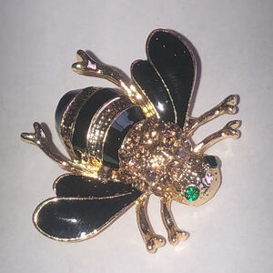 Gold Tone and Black Enamel CZ Rhinestone Bee Tiny Scatter Pin Brooch